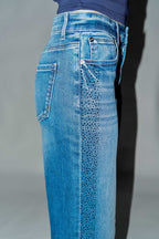 Women's blue wide-leg jeans, denim with detailed side design