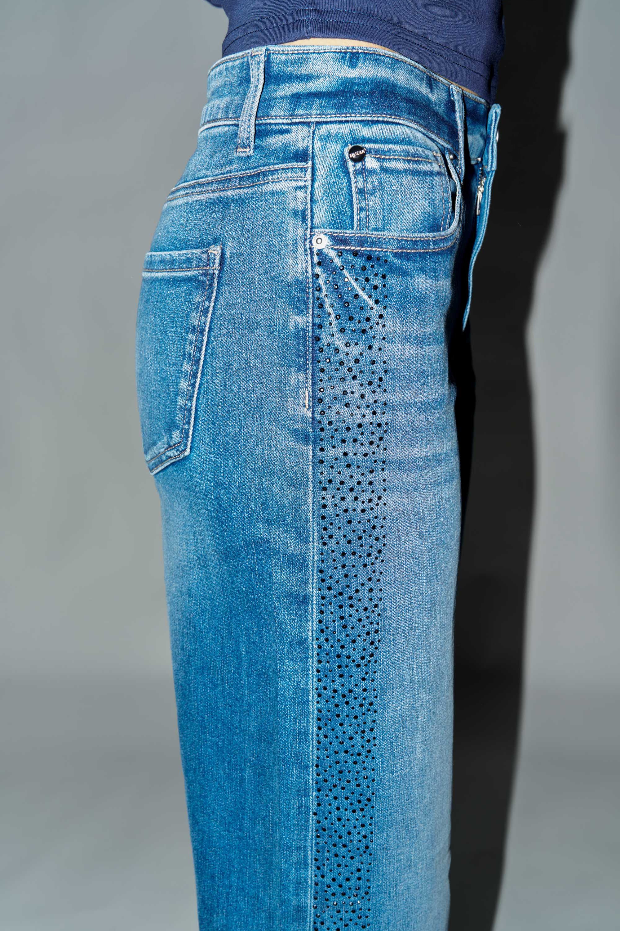 Women's blue wide-leg jeans, denim with detailed side design