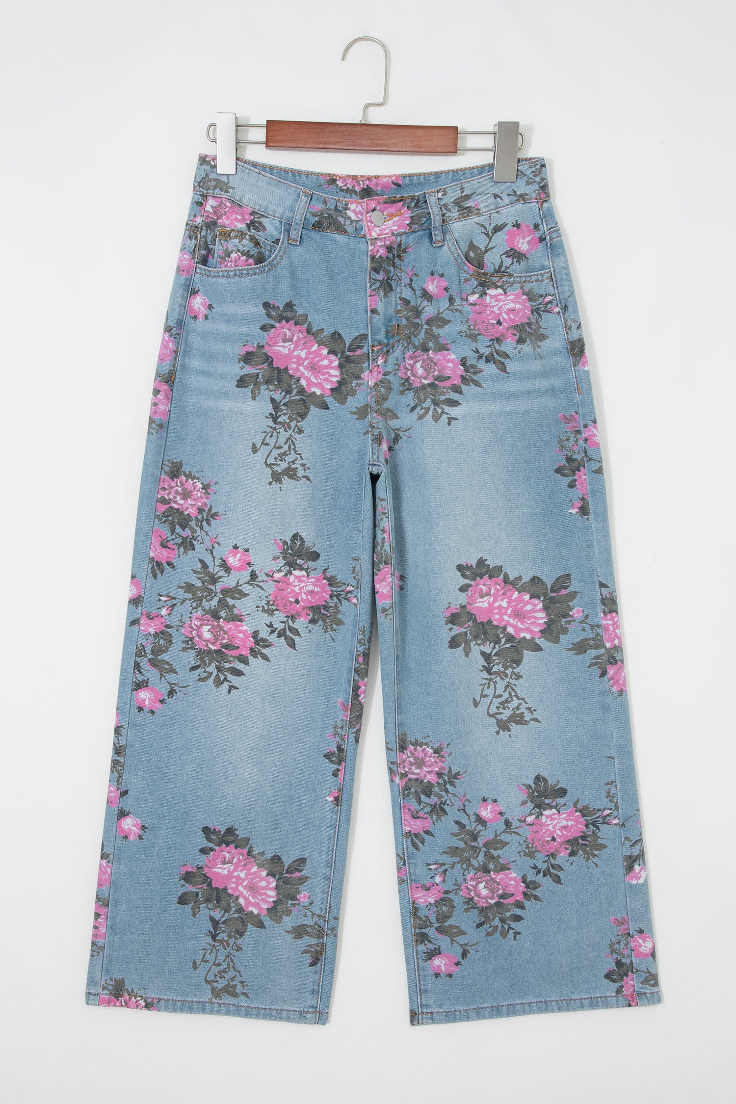 Pretty Bash floral wide-leg jeans, blue denim, casual wear