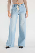 Women's light blue wide-leg jeans with drawstring detail for casual wear