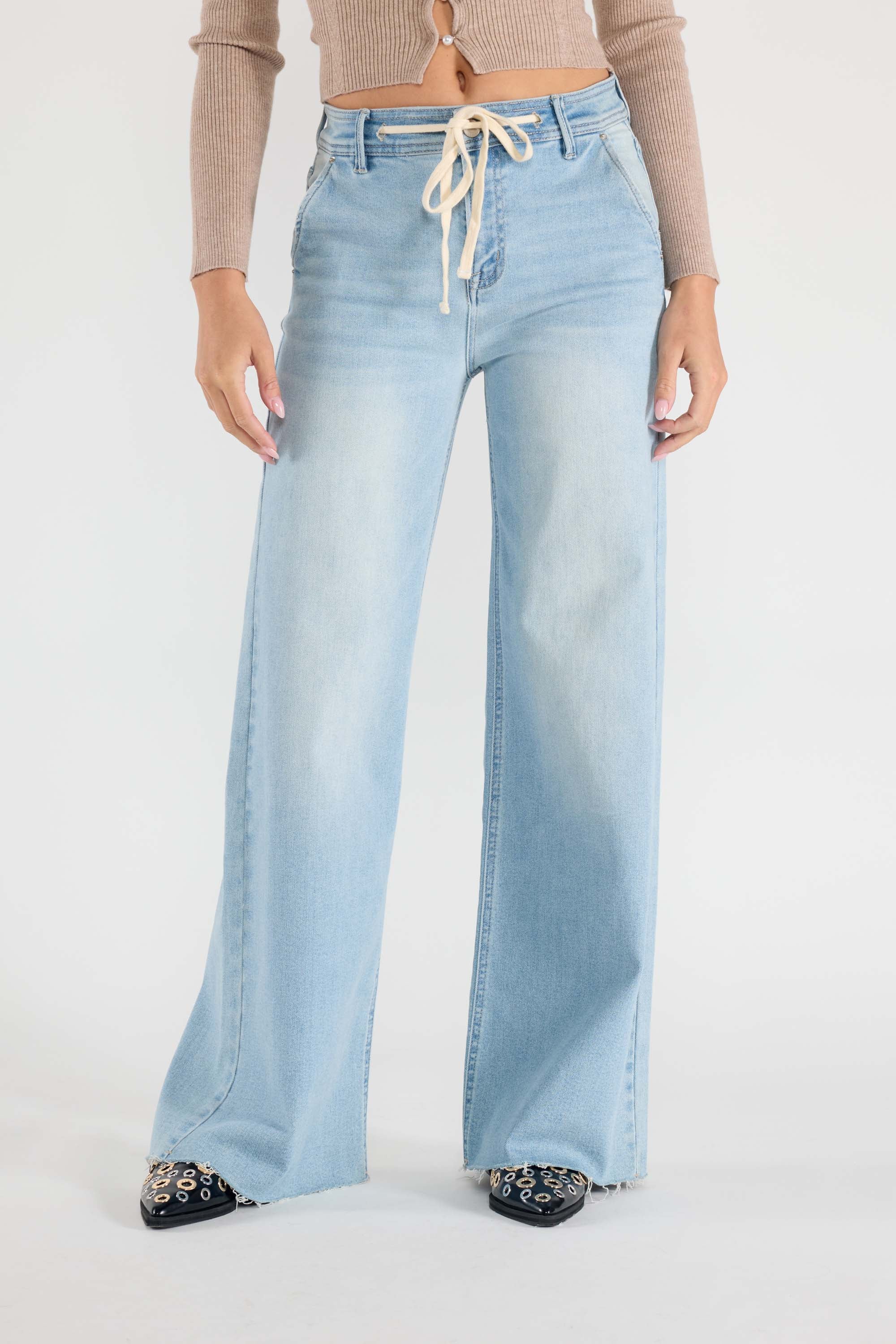 Women's light blue wide-leg jeans with drawstring detail for casual wear