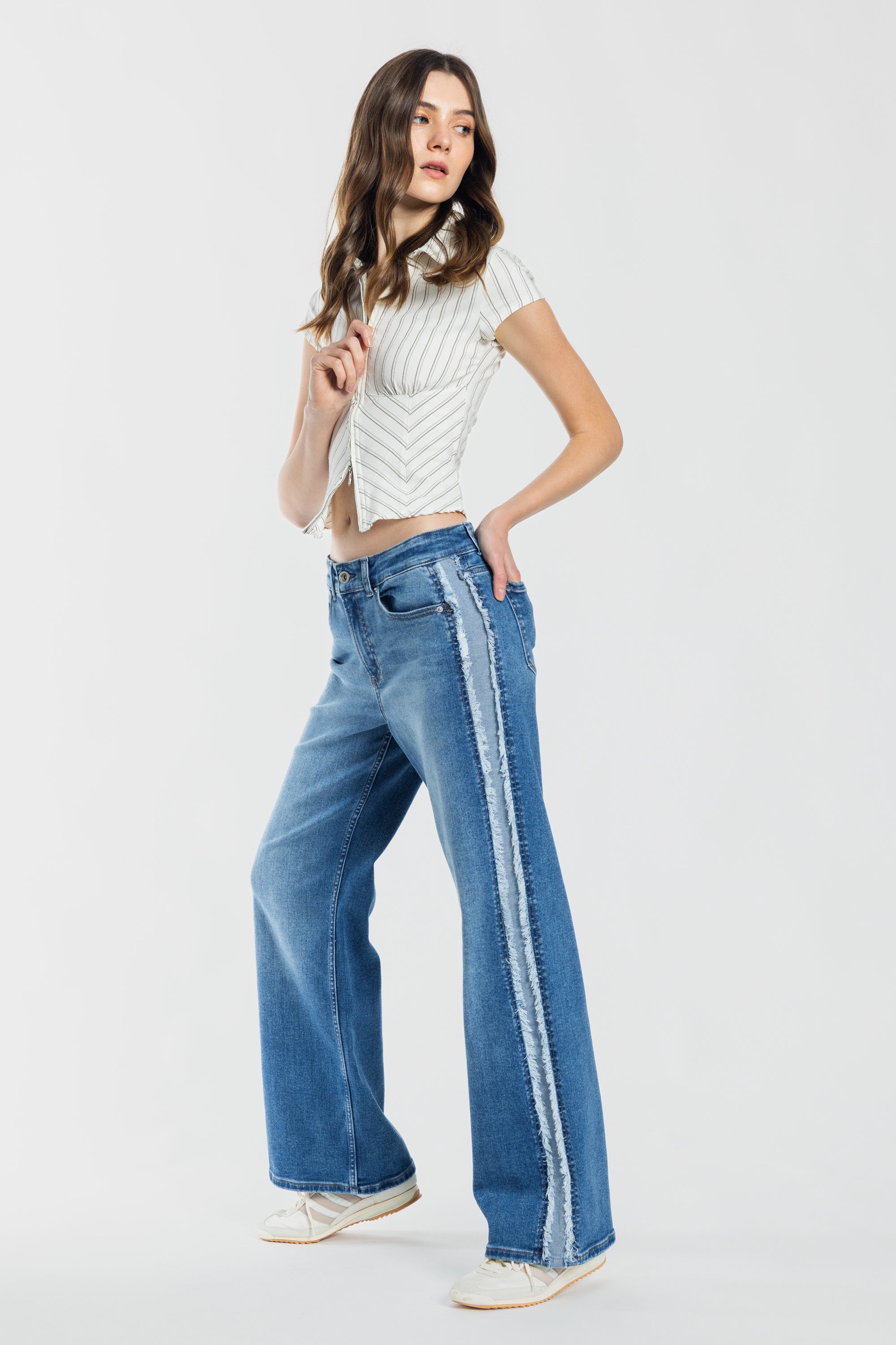 Women's blue wide-leg jeans with white side stripes for casual wear