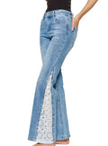 Women's wide-leg jeans in light blue with lace detailing