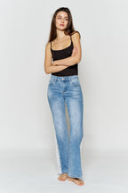 Women's blue wide-leg jeans with lace detail, stylish and comfortable.
