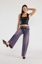 Women's wide-leg jeans in purple, stylish for casual outings