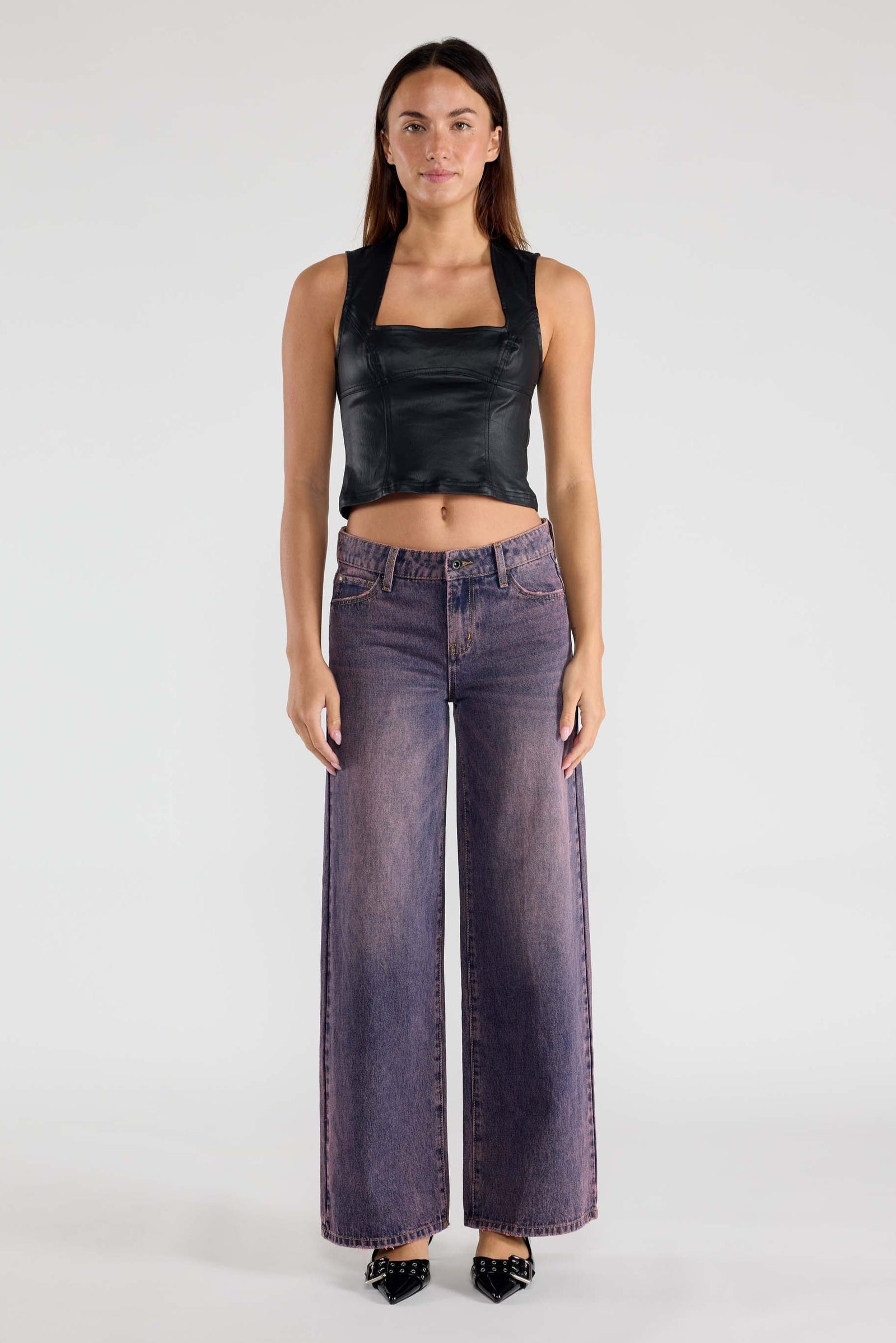 women's purple wide-leg jeans, casual outfit for everyday wear