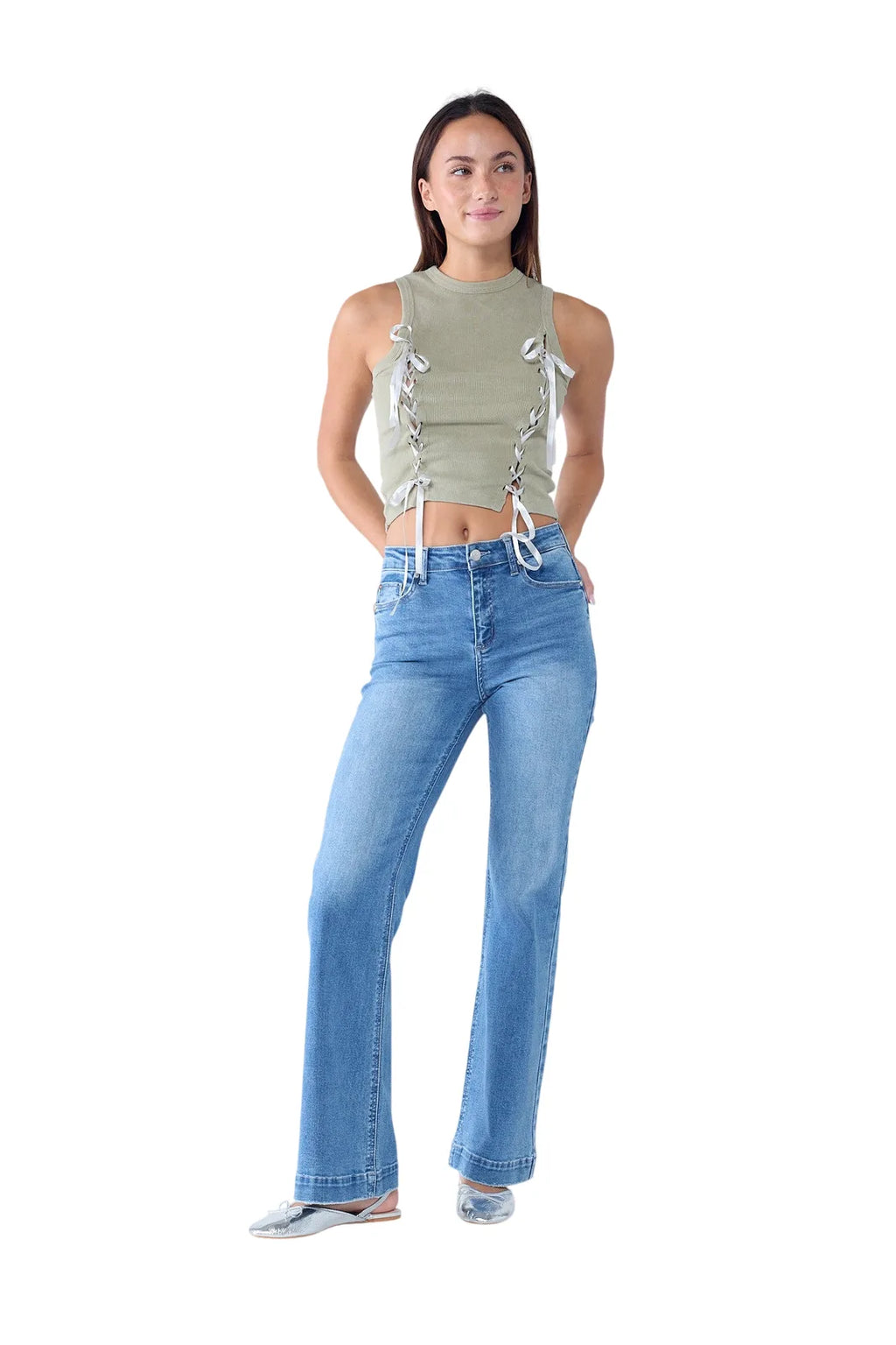 Women's wide-leg jeans in light blue cotton for casual wear