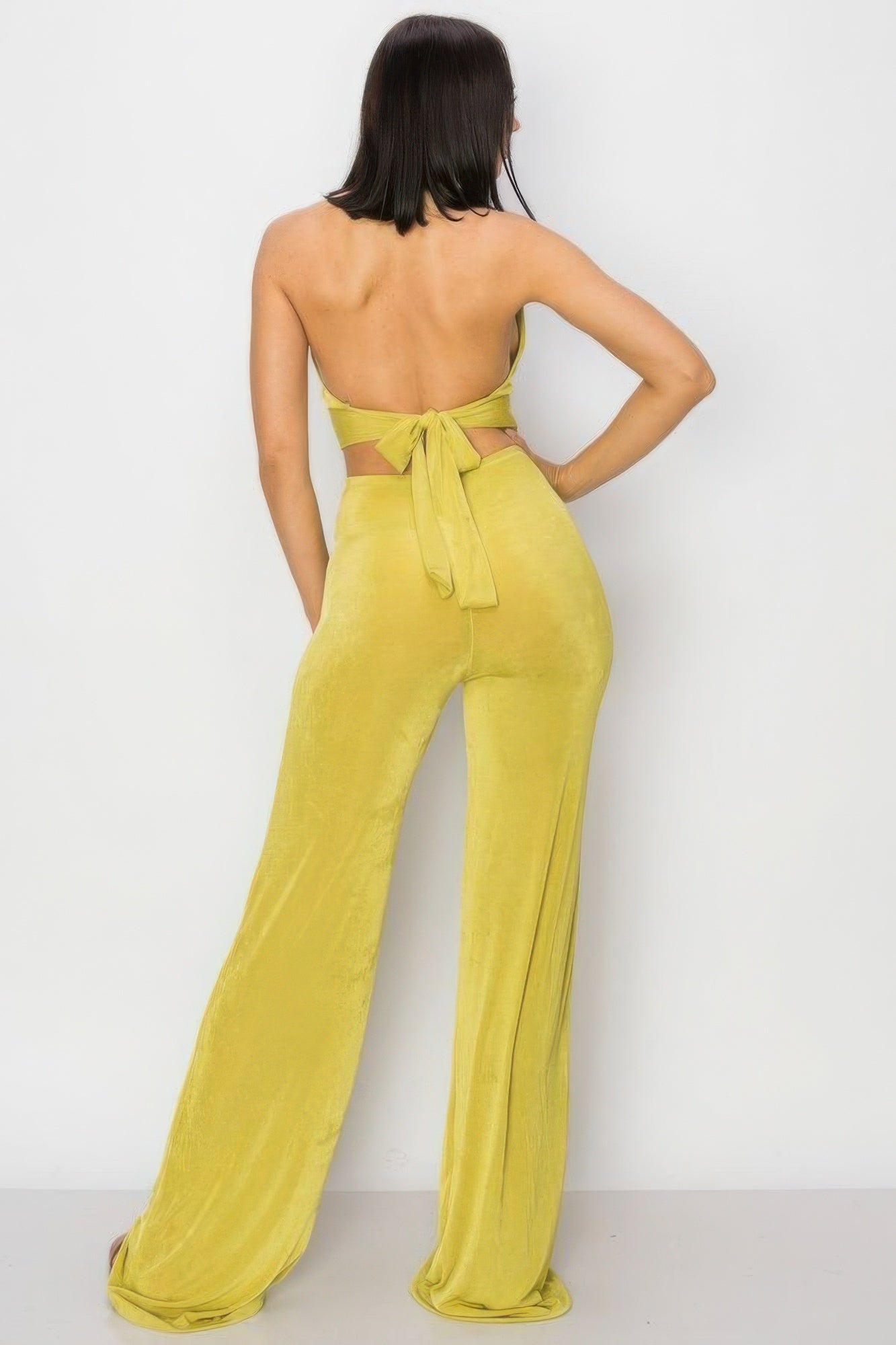 Yellow wide leg jumpsuit women with back tie detail and an open back style