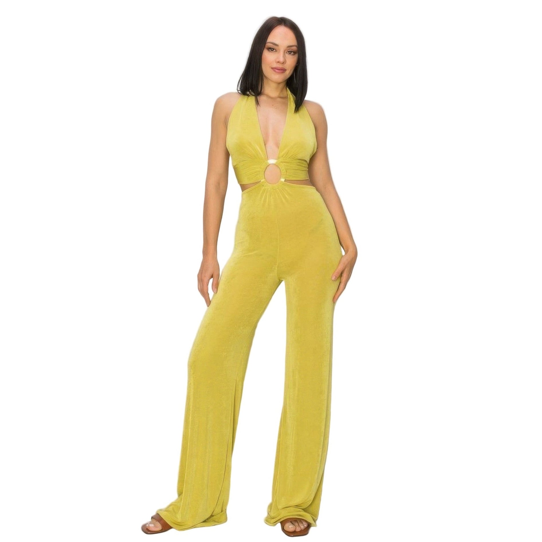 Stylish wide leg jumpsuit women in vibrant yellow with a cutout design for a trendy vacation look