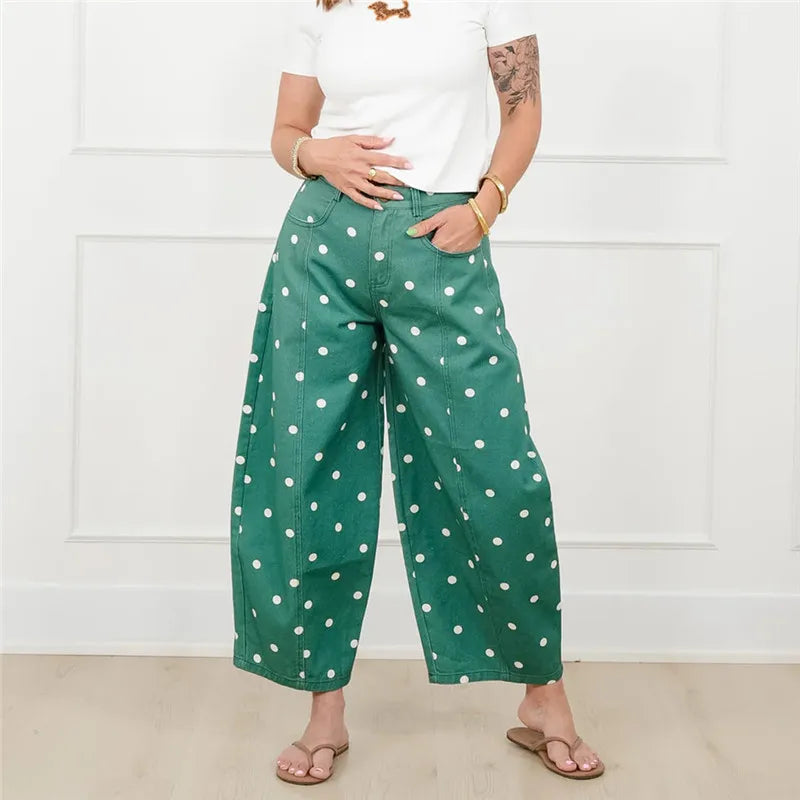 Women's green wide leg pants in women with white polka dots for casual wear