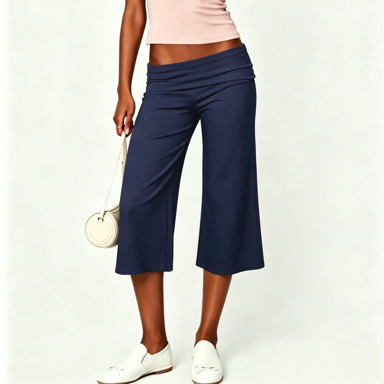 Navy wide leg pants in women, comfortable stretch fabric, perfect for casual outings