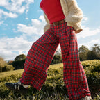 Women's plaid wide leg pants in red for casual outdoor wear