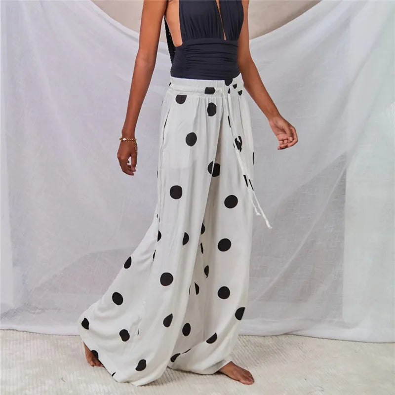Women's wide leg pants in white with black polka dots, casual summer wear
