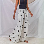 Women's wide leg pants in white with black polka dots, casual summer wear
