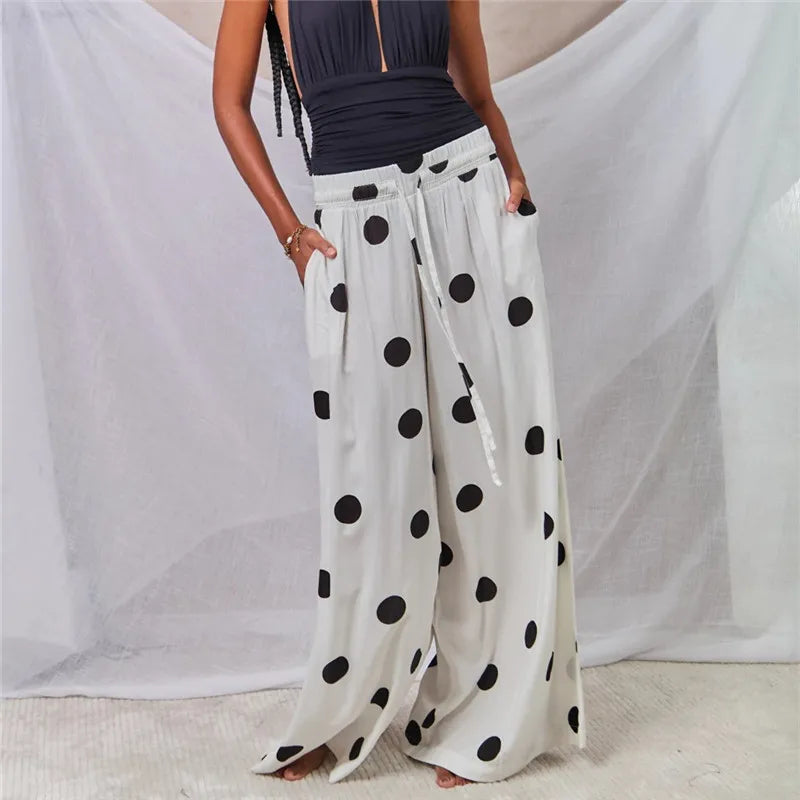 Women's wide leg pants in white with black polka dots, stylish and comfortable