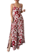 Stylish wide leg vacation jumpsuit with floral pattern and side slits for summer outings