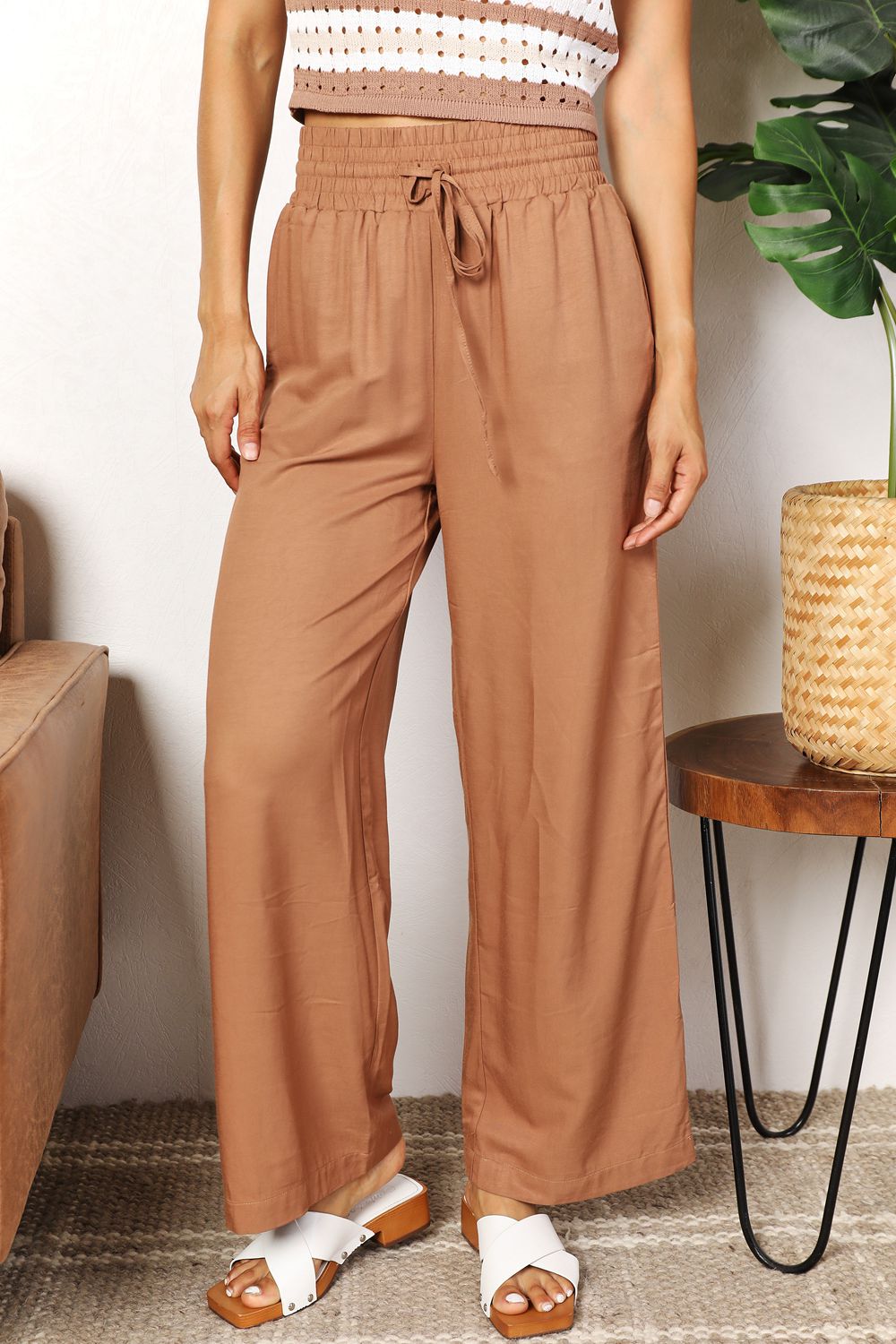 Trendsi women's wide leg vacation pants in brown with an elastic waistband for comfort and style