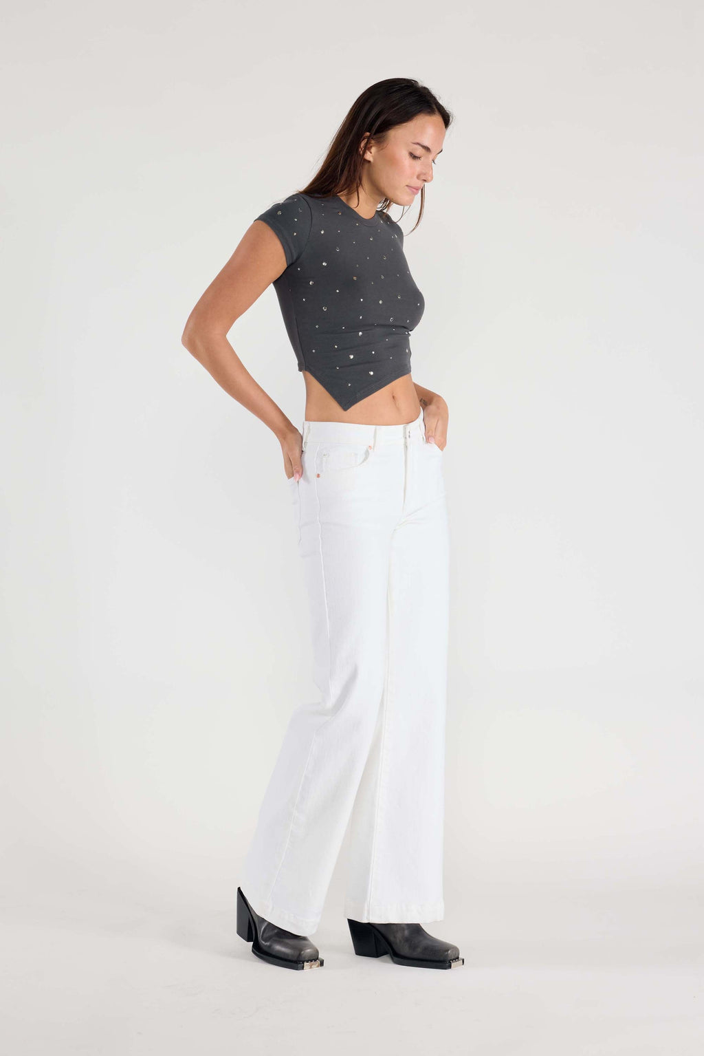 Women's white wide legging jeans, perfect for casual outings.