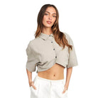 Emory Park wide sleeve crop top in beige, stylish design featuring button closure and short sleeves