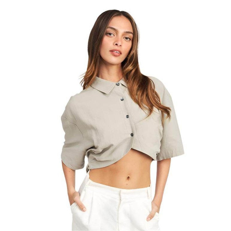 Emory Park wide sleeve crop top in beige, stylish design featuring button closure and short sleeves