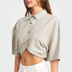 Emory Park wide sleeve crop top in light beige with buttoned front and relaxed fit for casual wear