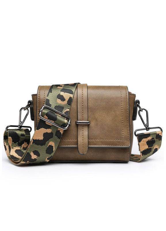 Sifides wide strap shoulder bag in olive green leather with animal print strap for trendy look