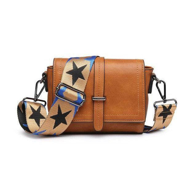 Sifides wide strap shoulder bag with a stylish design and star-patterned strap in tan color