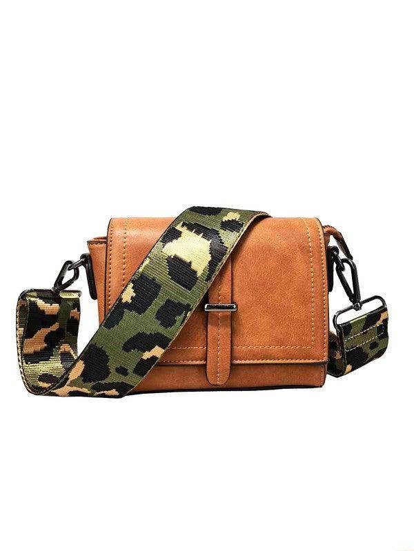 Sifides wide strap shoulder bag in tan with a vibrant camouflage strap for stylish and functional use
