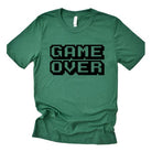 Wildberry Waves men's green retro gamer tee shirt with black pixelated Game Over text