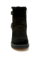 Rag Company Women's Winter Fashion Ankle Boots in Black with Buckle Details and Fur Lining