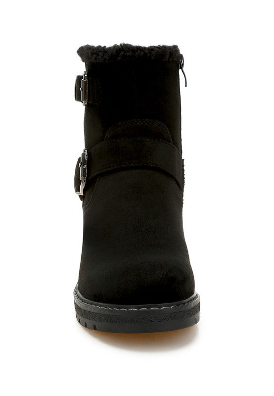 Rag Company Women's Winter Fashion Ankle Boots in Black with Buckle Details and Fur Lining