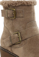 Rag Company winter fashion ankle boots in taupe with double buckle accents and cozy lining