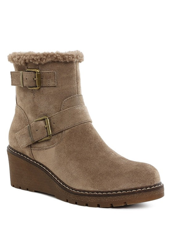 Rag Company winter fashion ankle boots in taupe with double buckle accents for stylish warmth