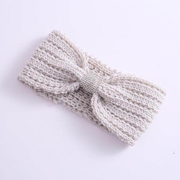 Winter Rhinestone Bow Knitted Head Band - VacationGrabs