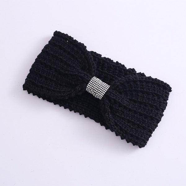 Winter Rhinestone Bow Knitted Head Band - VacationGrabs