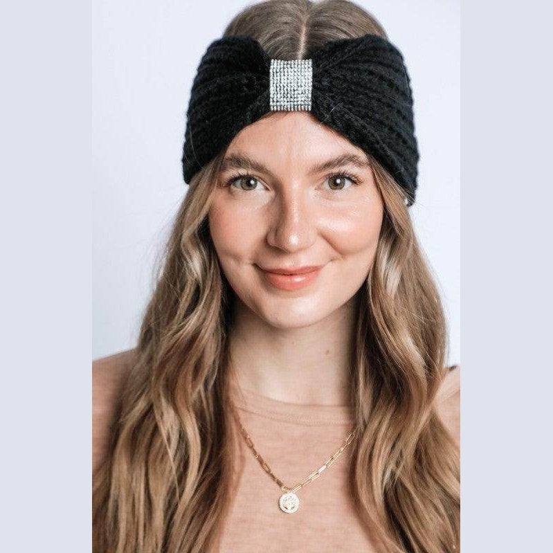 Winter Rhinestone Bow Knitted Head Band - VacationGrabs