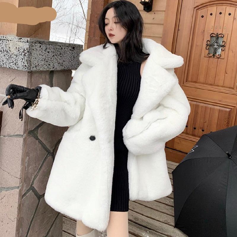 Women's Coats & Jackets Winter Warm White Faux Fur Coat Women Long Sleeve Lapel Double Breasted