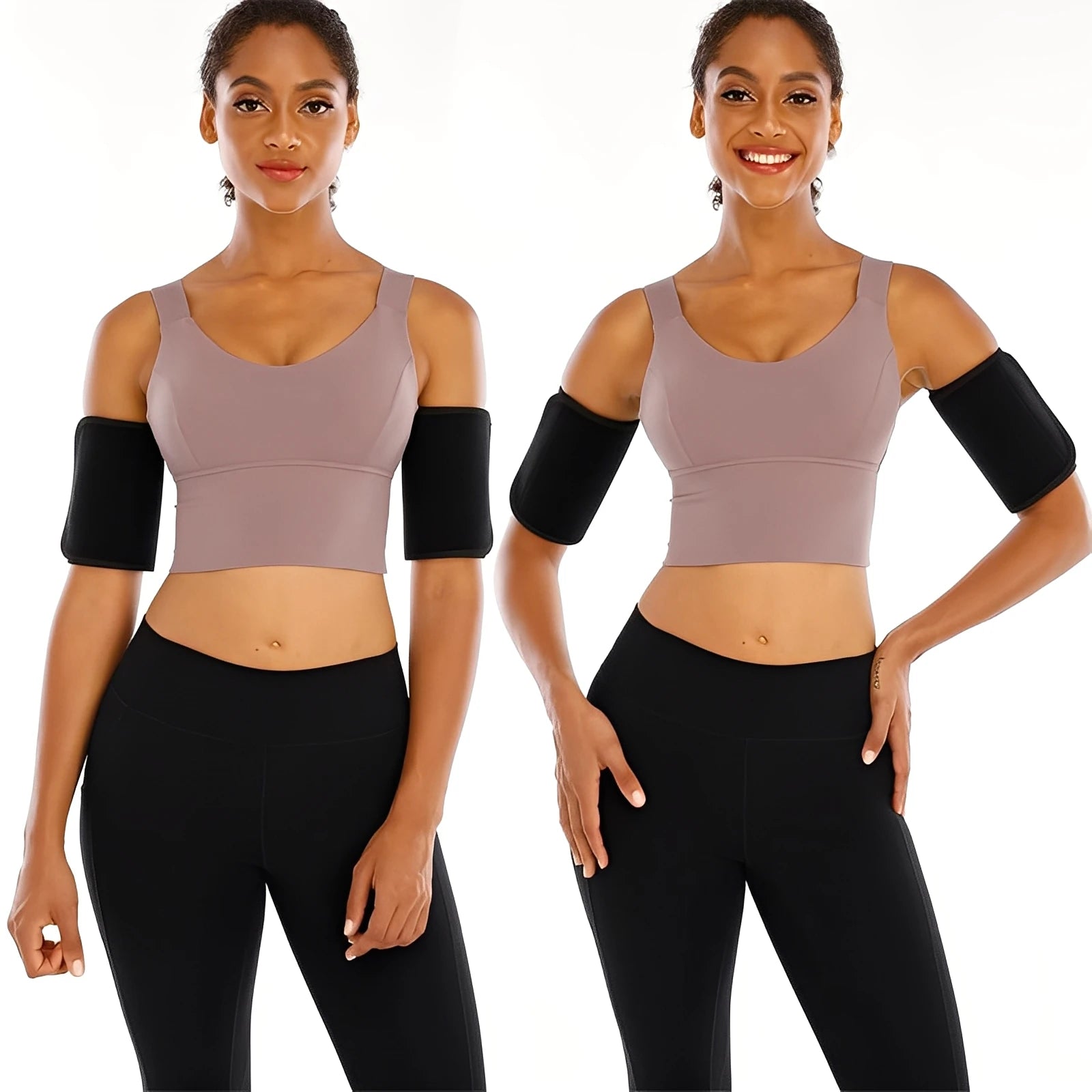 Women arm shapers for slimming in brown, stretchy material for effective use
