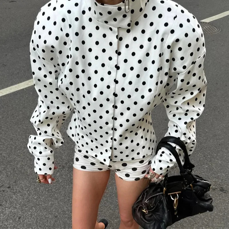 Women's polka dot blazer, lightweight fabric, stylish outerwear