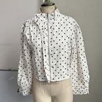 White polka dot women blazers clothing with a cropped design for casual wear