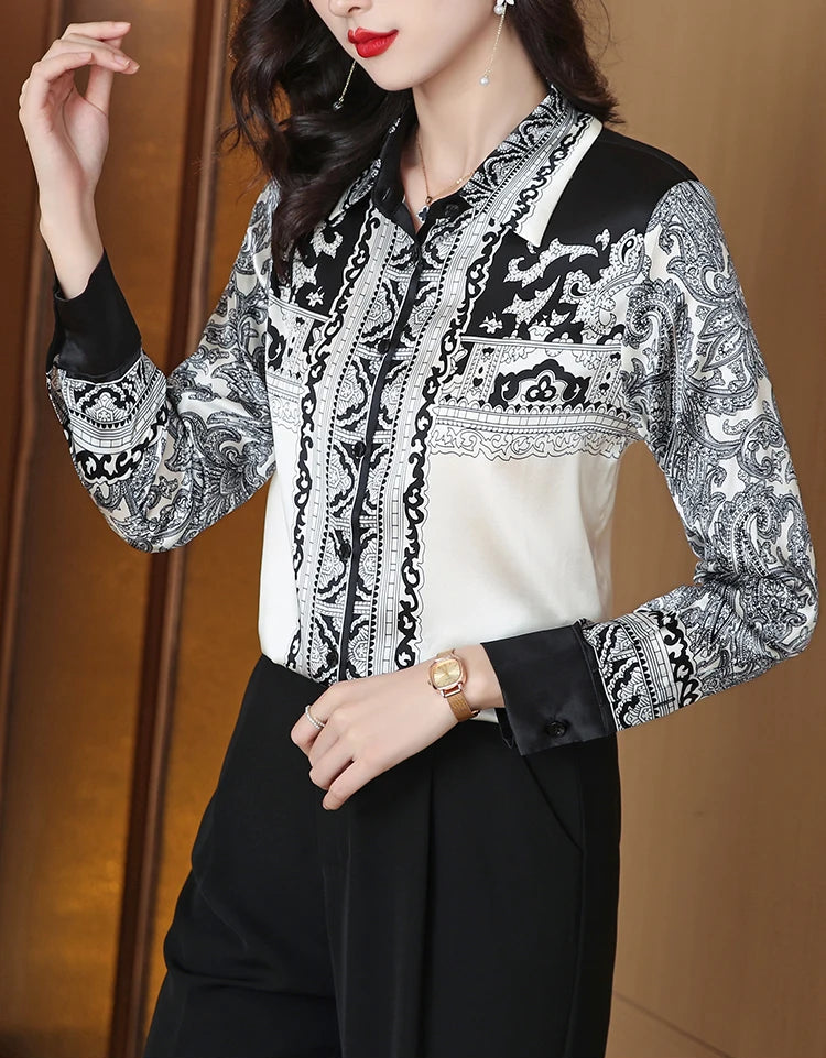 women blouse in black and white pattern, stylish for casual outings