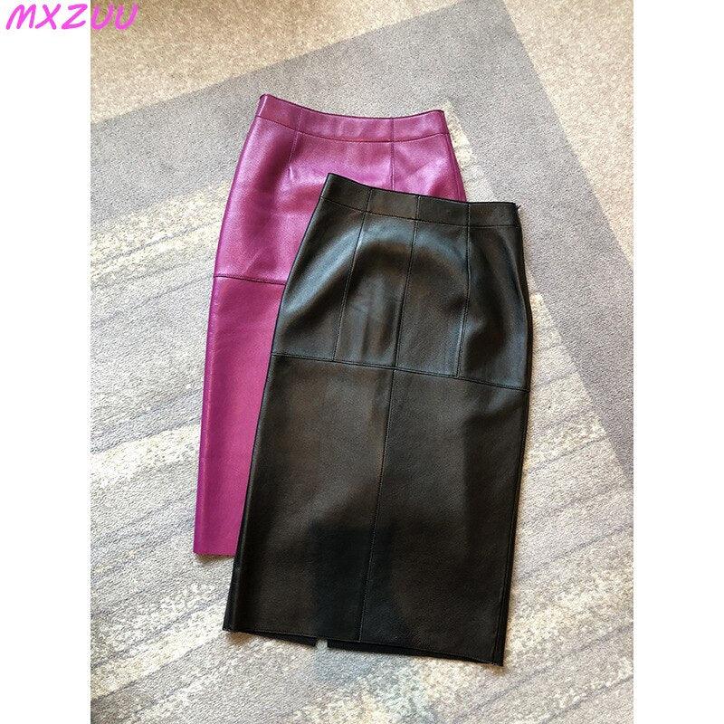 Women's Skirts Women Genuine Leather High Waist Simple Split Long Skirt