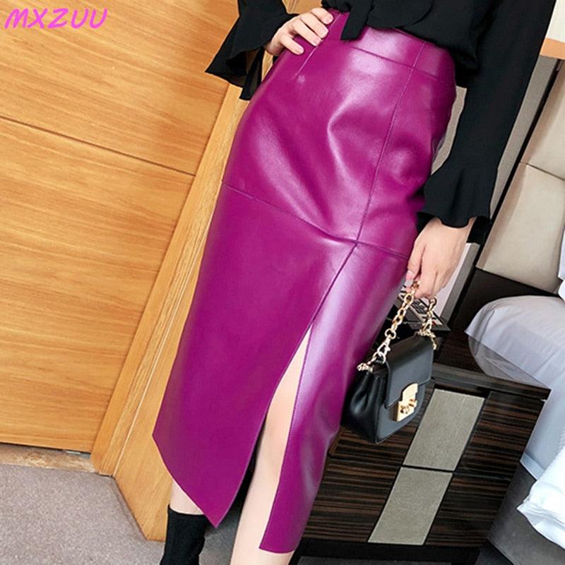Women's Skirts Women Genuine Leather High Waist Simple Split Long Skirt