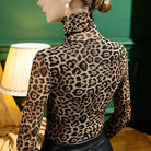 Leopard print mesh sheer top women with long sleeves and high neck, fitted style by VacationGrabs