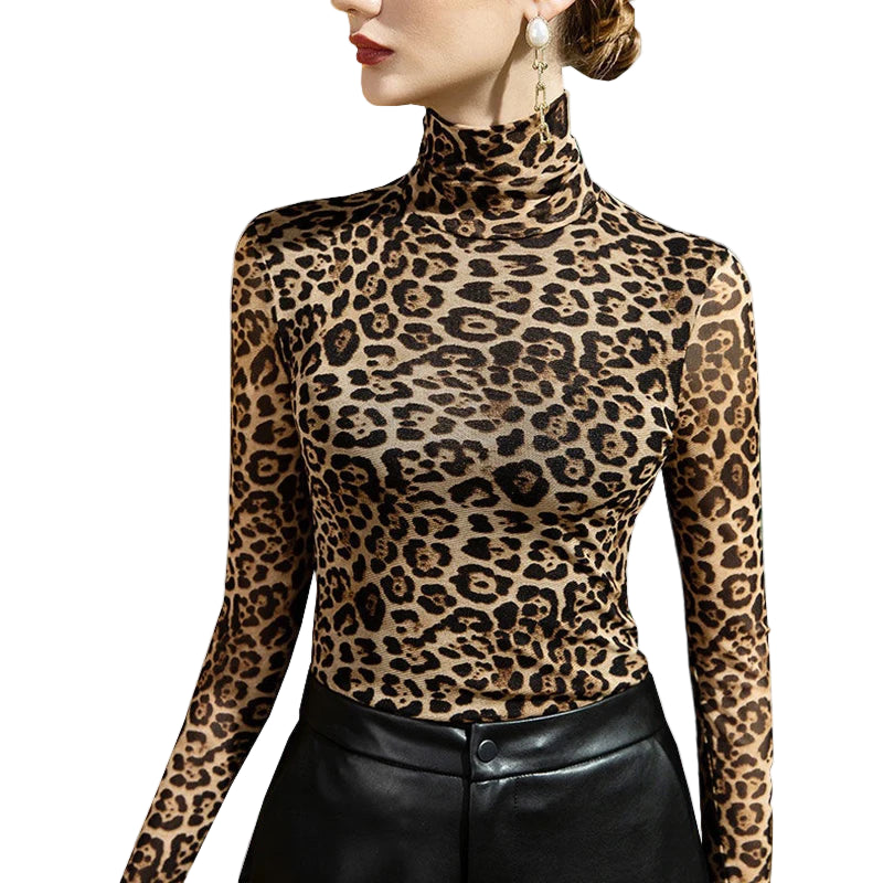 Leopard print mesh sheer top women with long sleeves and high neck paired with black pants