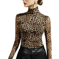 Leopard print mesh sheer top women with long sleeves and high neck paired with black pants