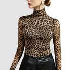 Leopard print mesh sheer top women with long sleeves and high neck paired with black pants