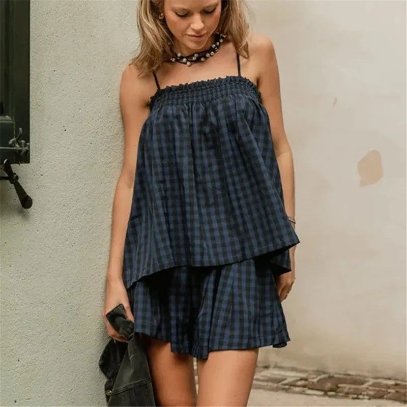 Women pajama set in navy blue checkered pattern, perfect for lounging