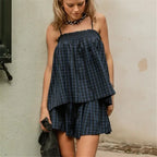 Women pajama set in navy blue checkered pattern, perfect for lounging