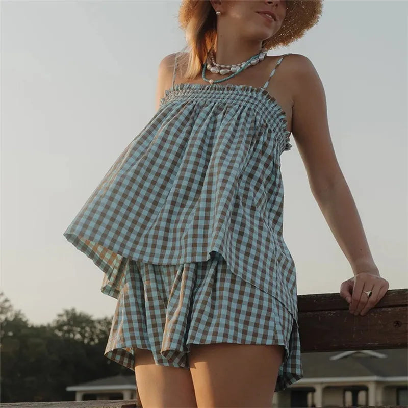 Women pajama set in blue gingham, stylish and comfortable for lounging